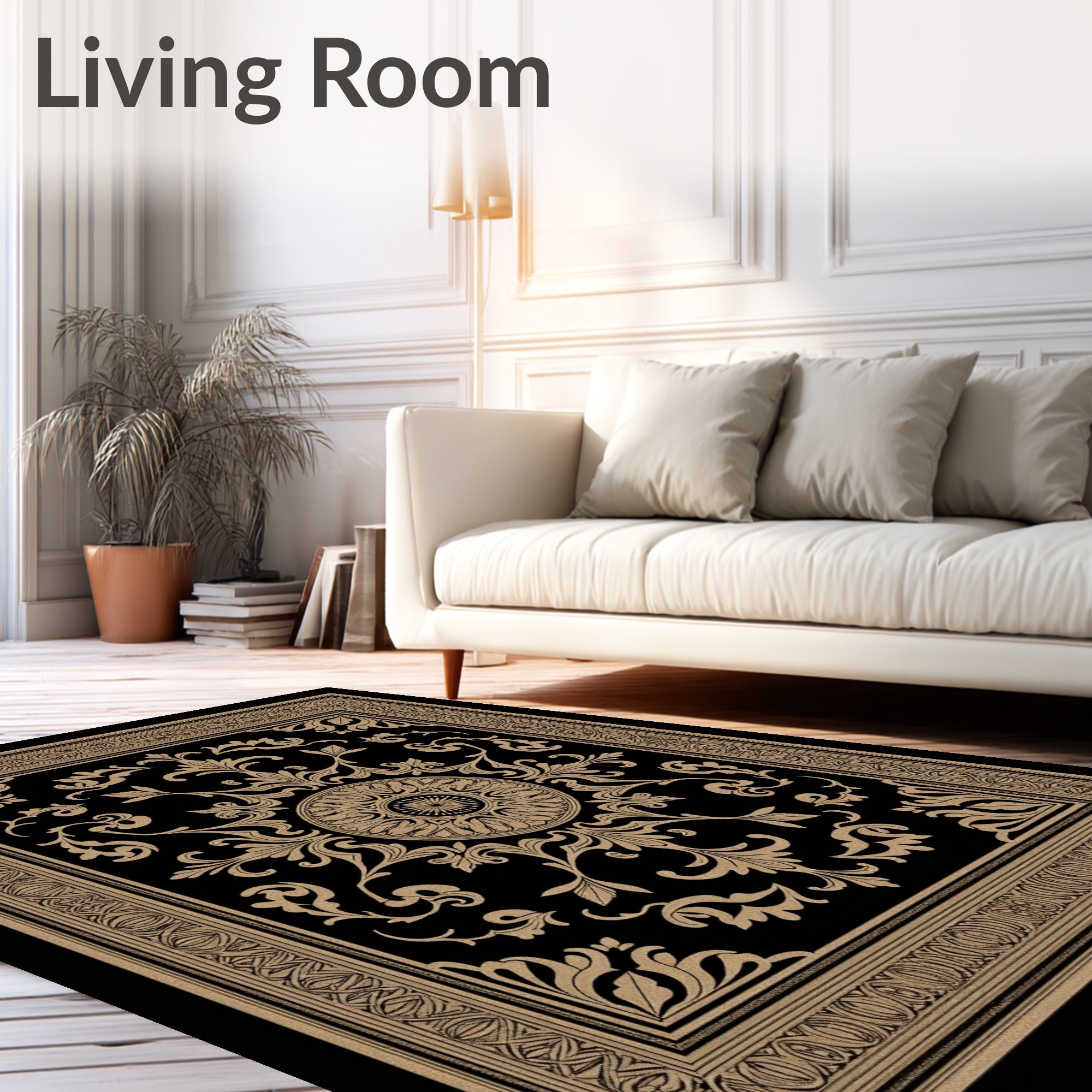 Ornate Black Gold Damask Pattern Rug