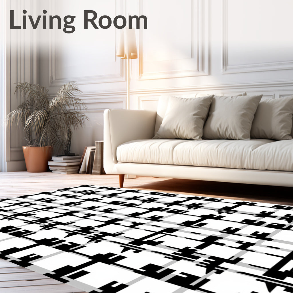 Abstract Black White Geometric Plaid Rug