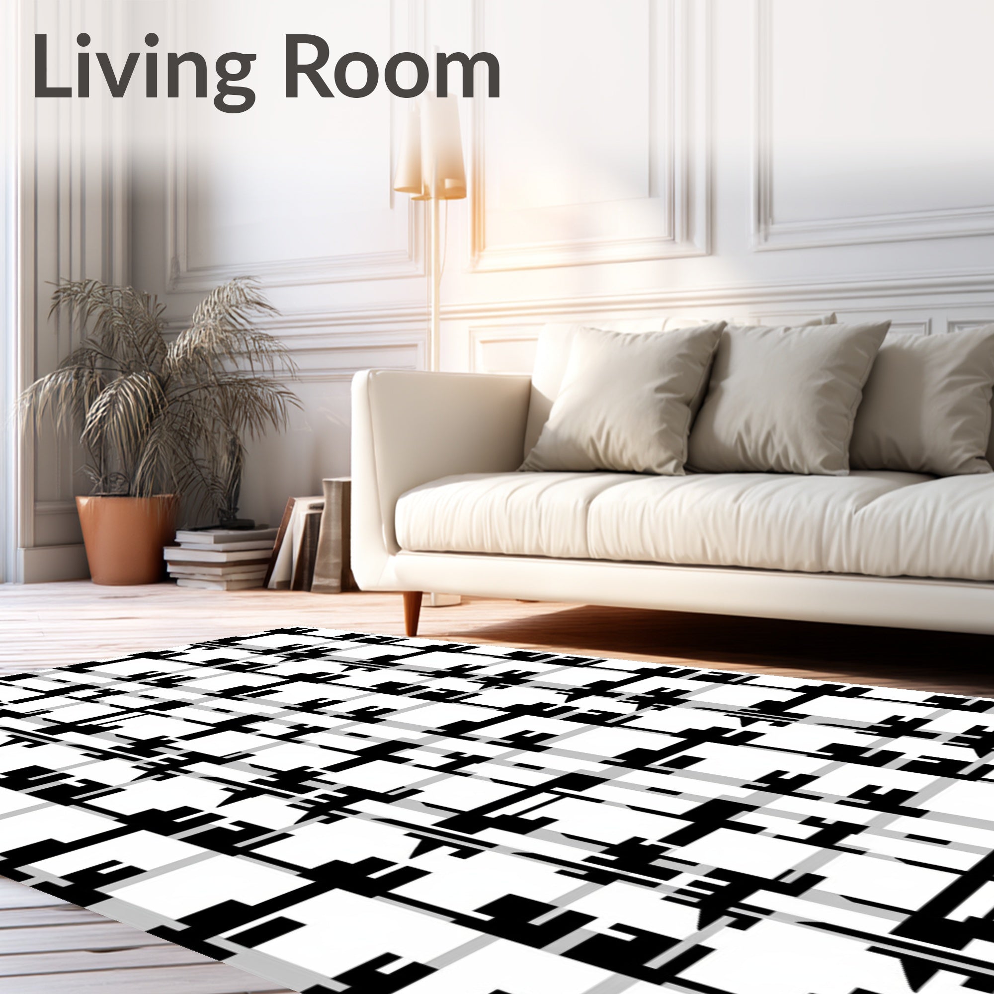 Abstract Black White Geometric Plaid Rug