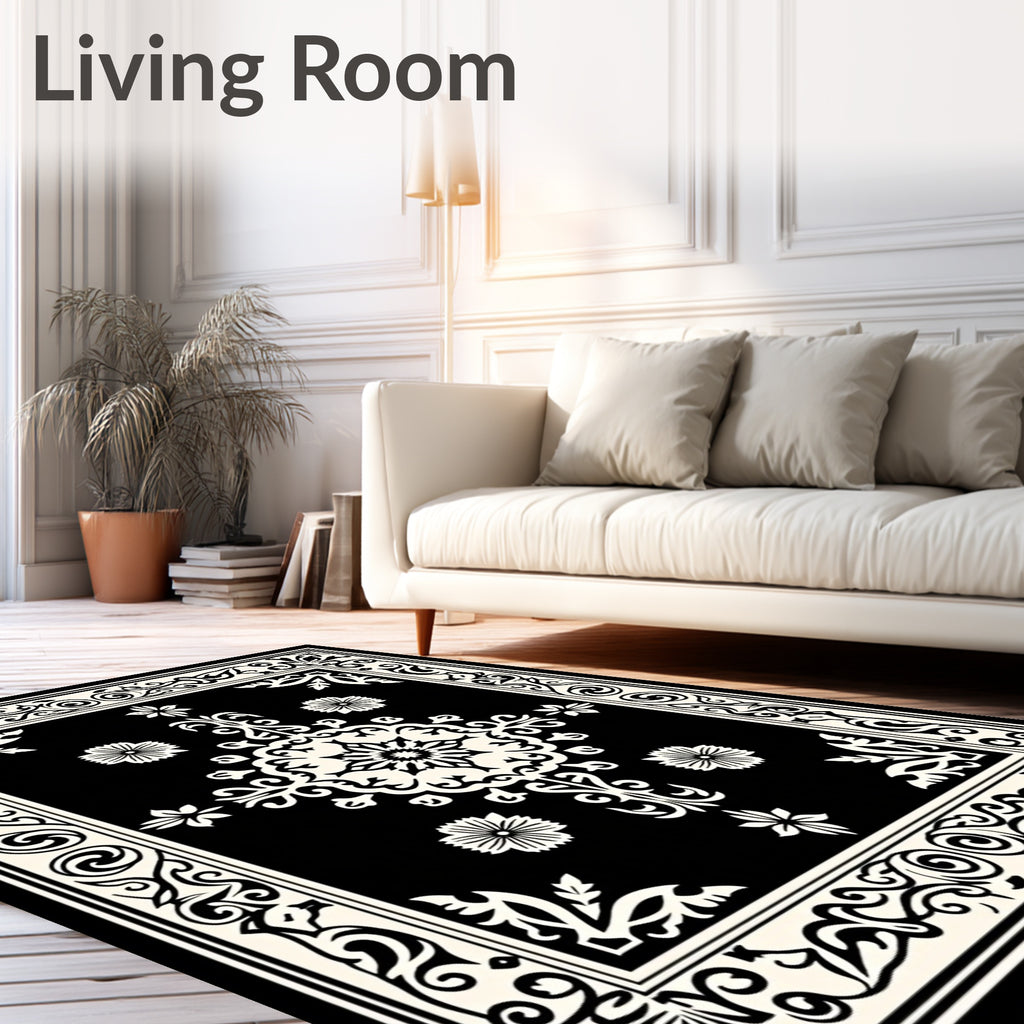 Classic Black and White Floral Medallion Rug