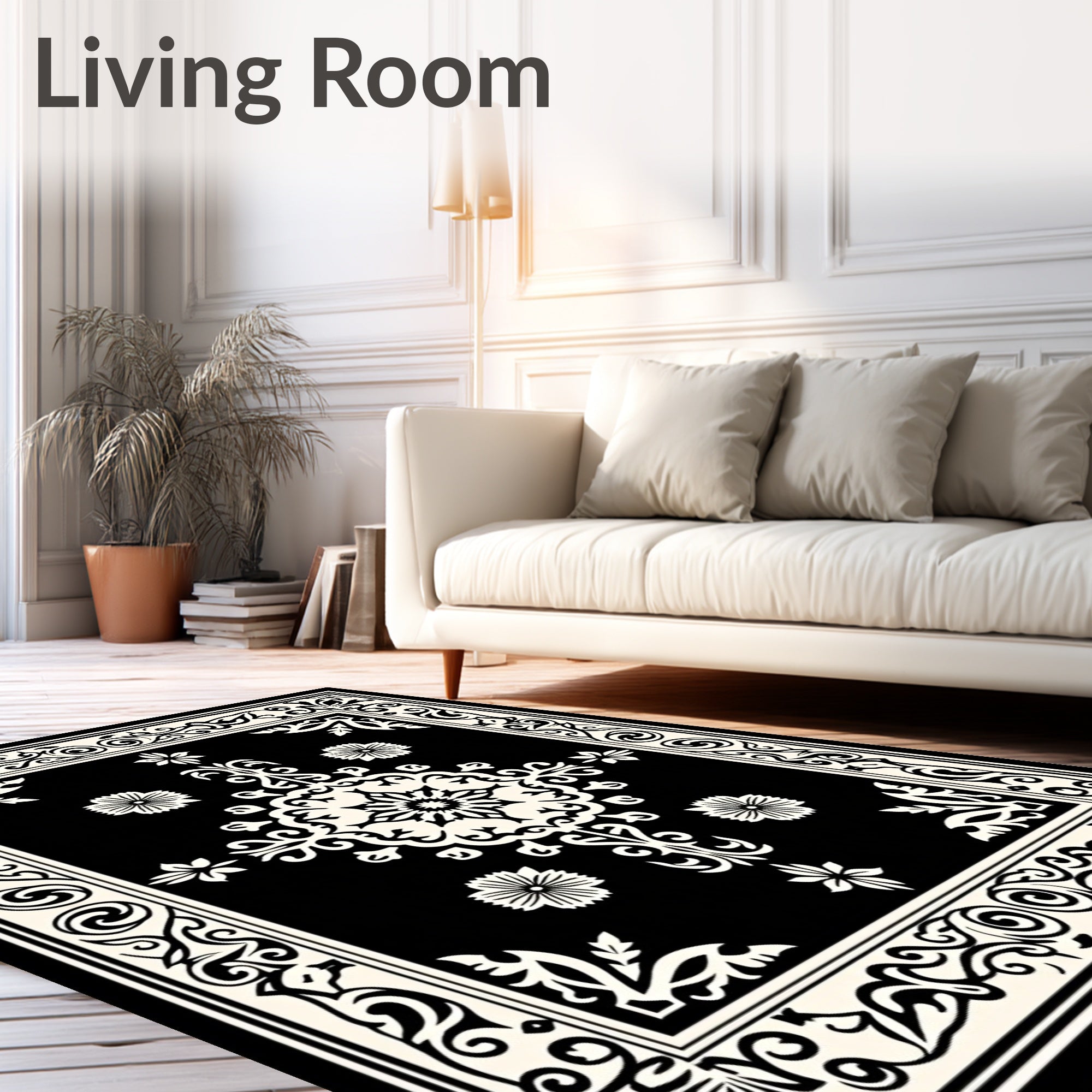 Classic Black and White Floral Medallion Rug
