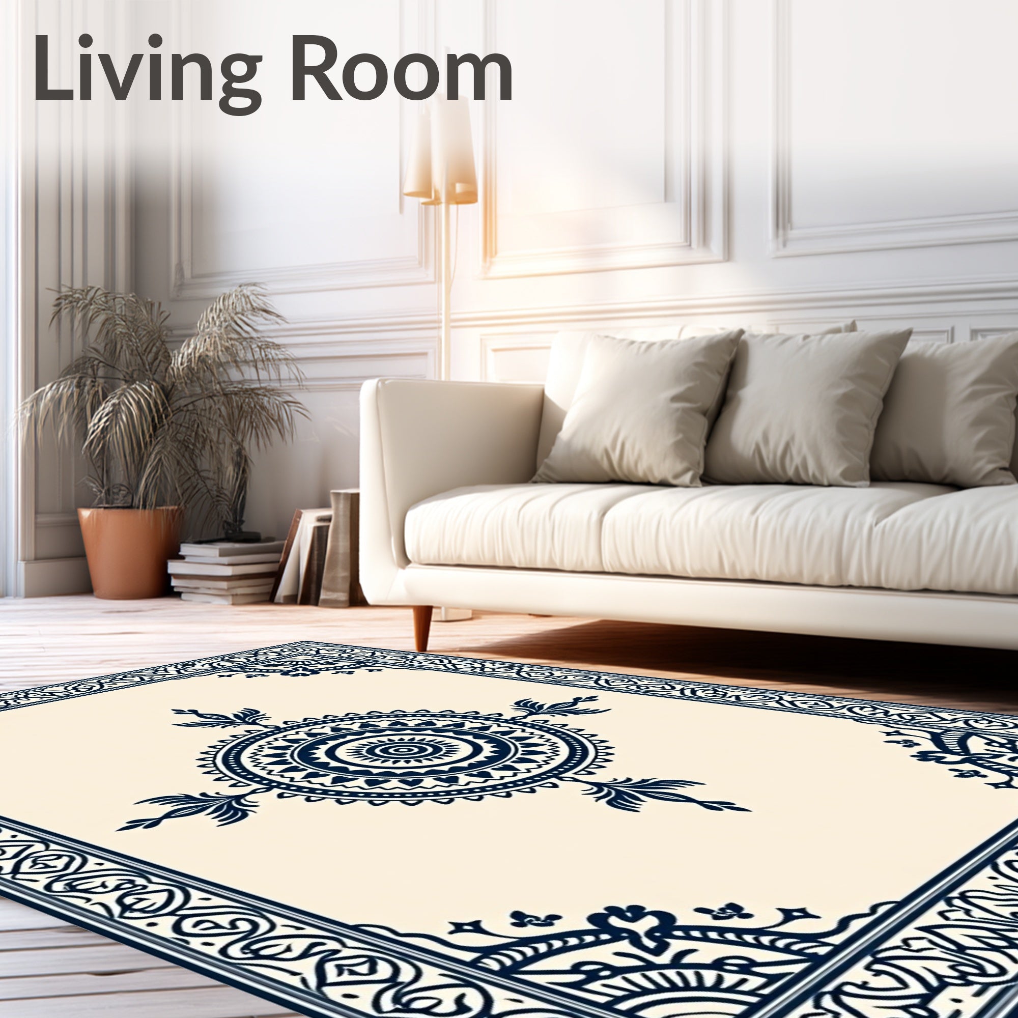 Elegant Navy Blue Mandala Border Rug