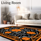 Orange Floral Black Whimsical Pattern Rug