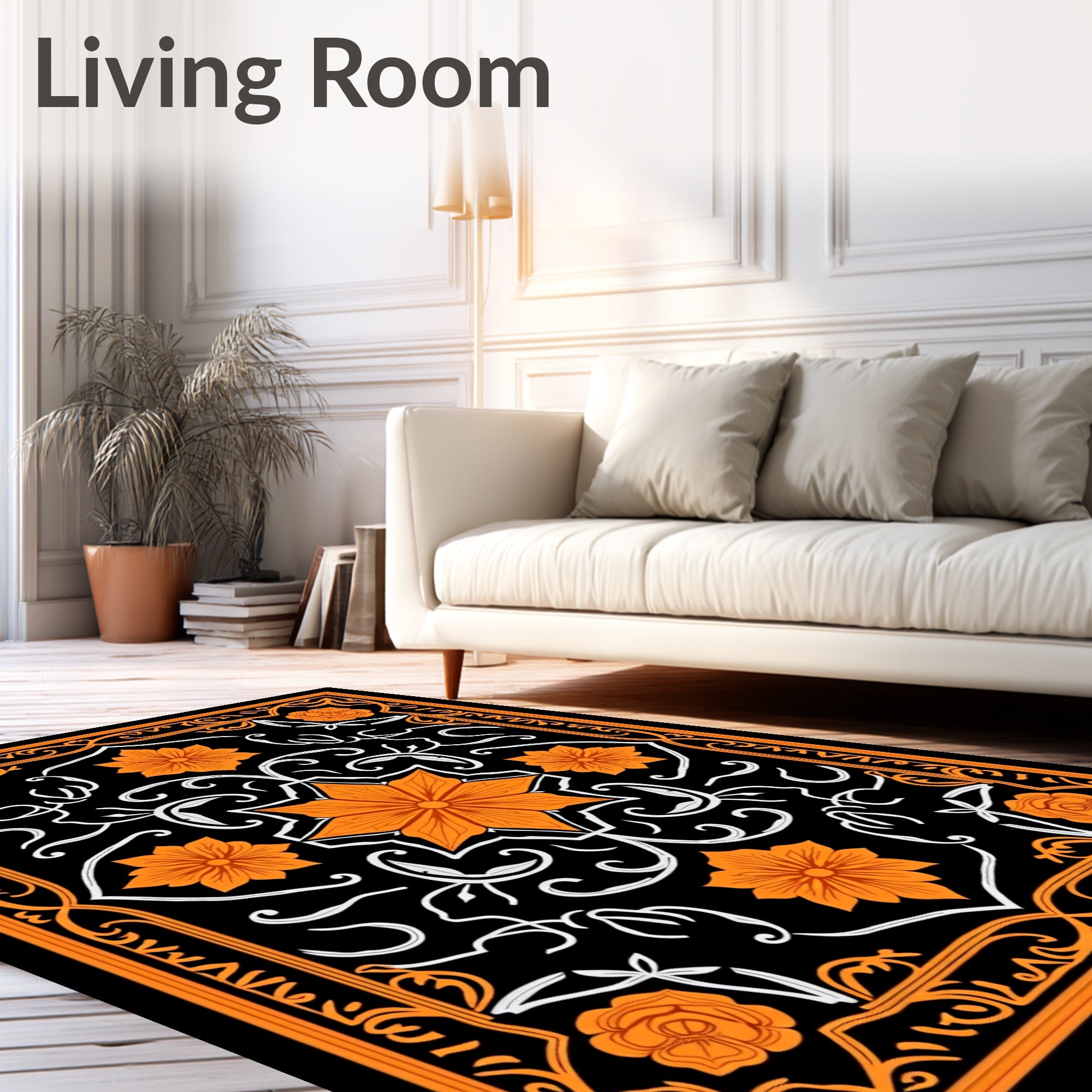 Orange Floral Black Whimsical Pattern Rug