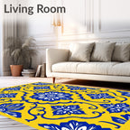 Vibrant Blue Yellow Floral Tile Pattern Rug