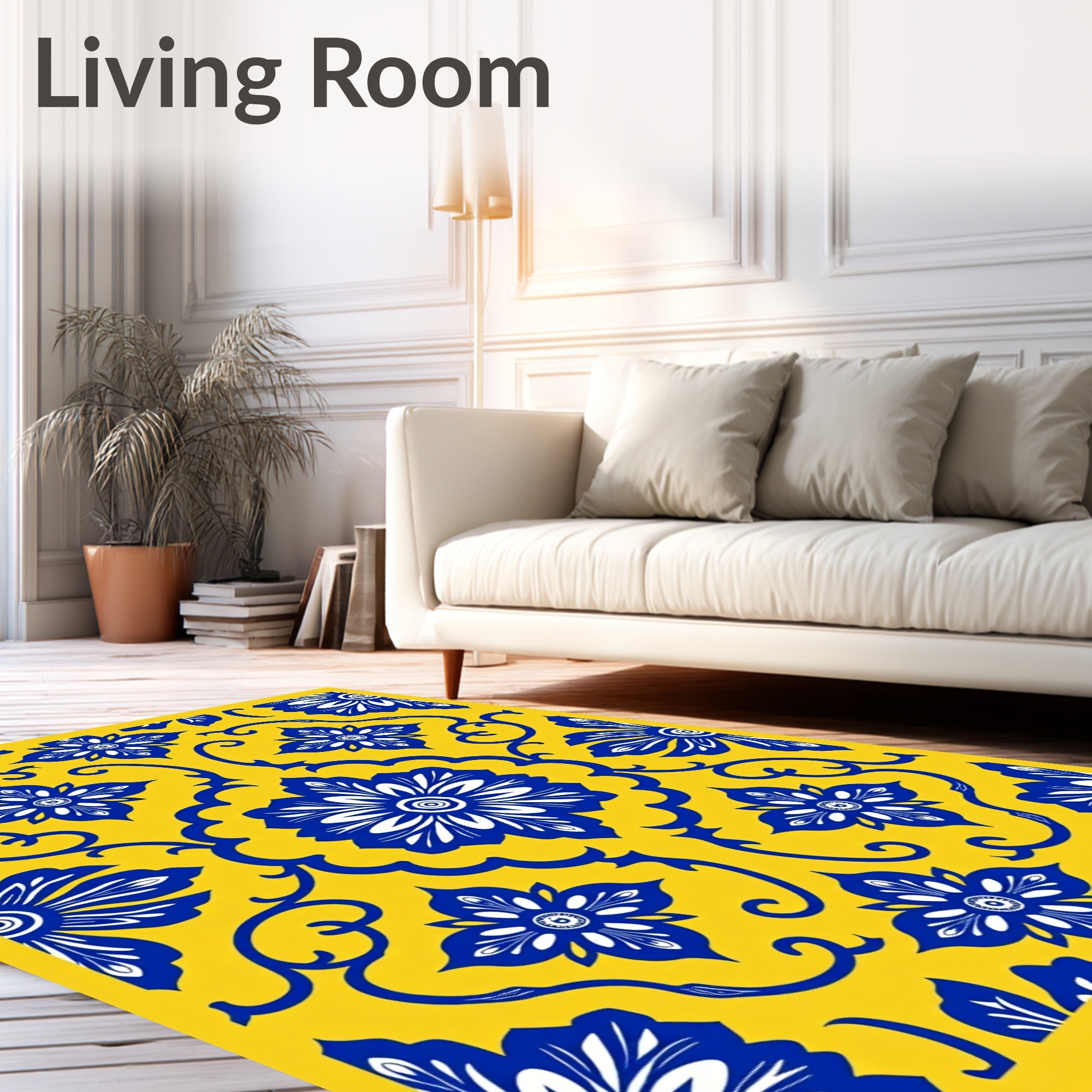 Vibrant Blue Yellow Floral Tile Pattern Rug