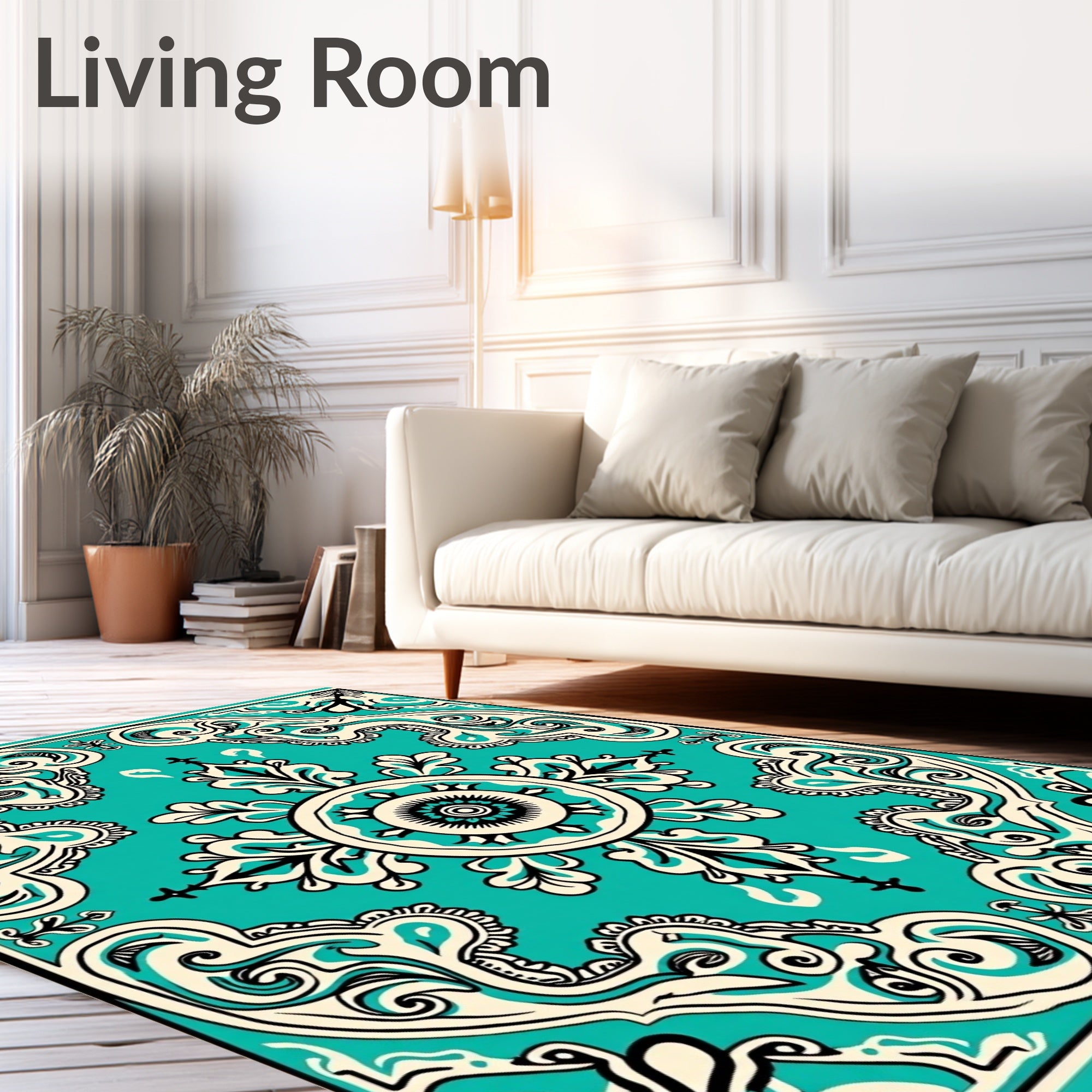 Antique Turquoise Floral Scroll Pattern Rug