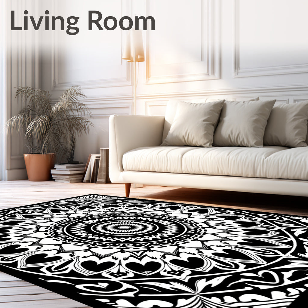 Intricate Black White Mandala Pattern Rug