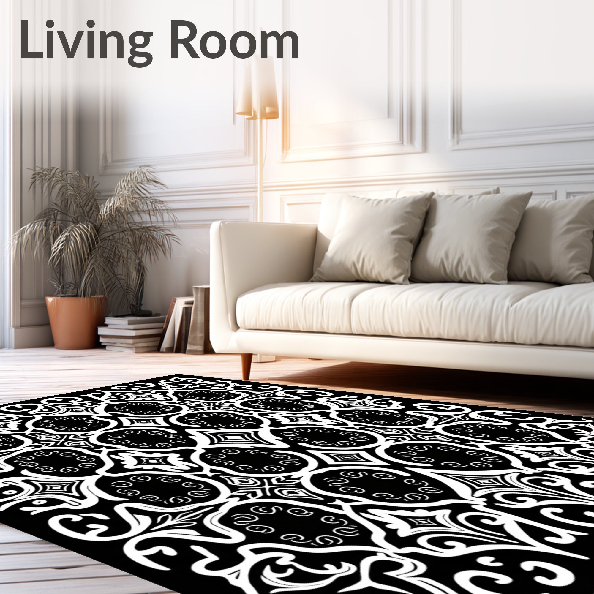 Monochromatic Ornate Floral Scroll Pattern Rug