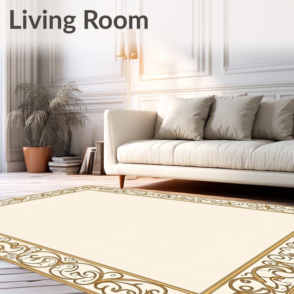 Elegant Gold Floral Scroll Border Rug
