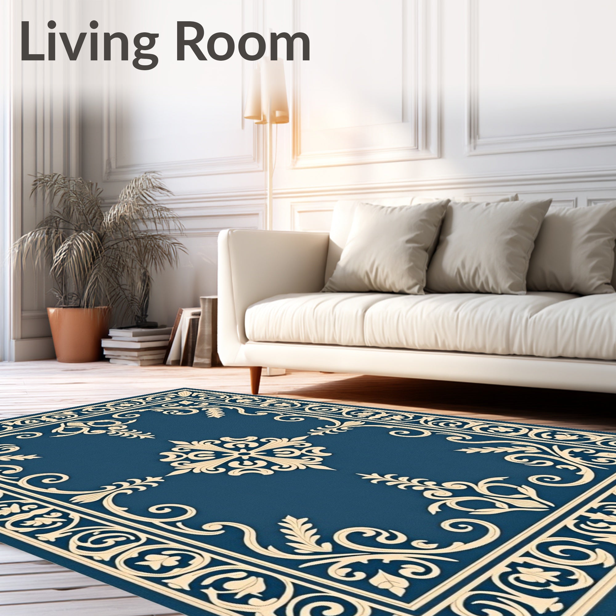 Elaborate Blue Cream Floral Border Rug