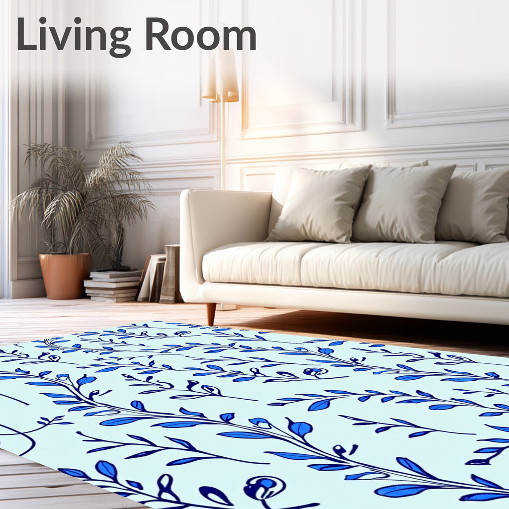Delicate Blue Botanical Sketch Pattern Rug