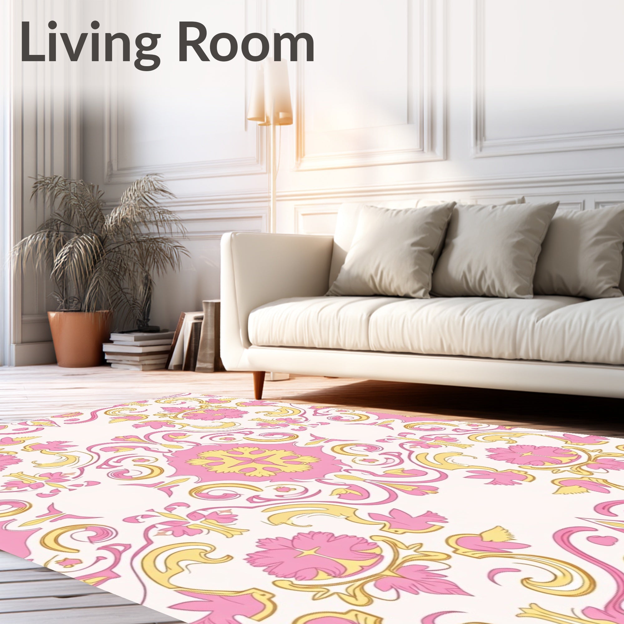 Pink and Gold Floral Damask Pattern Rug