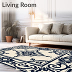 Classic Navy Floral Medallion Patterned Rug