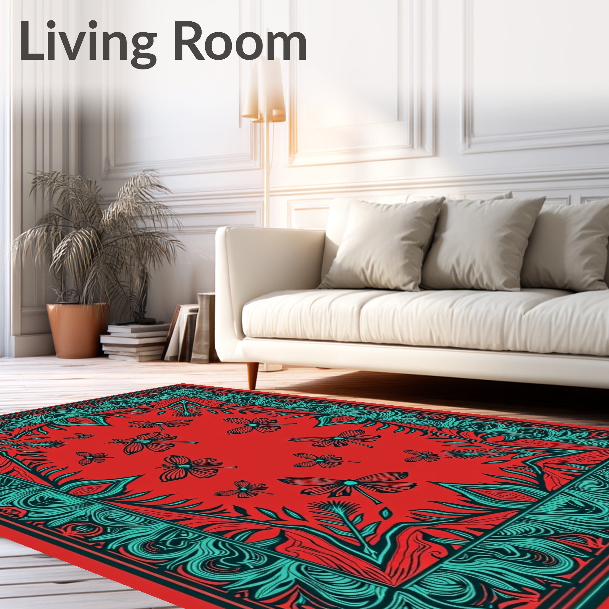 Red Teal Flying Insect Floral Border Rug