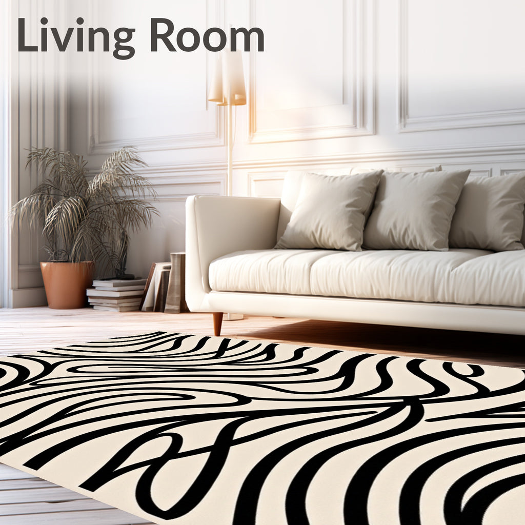Abstract Wavy Black Line Pattern Rug