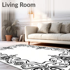 Ornate Black Swirl Corner Border Design Rug