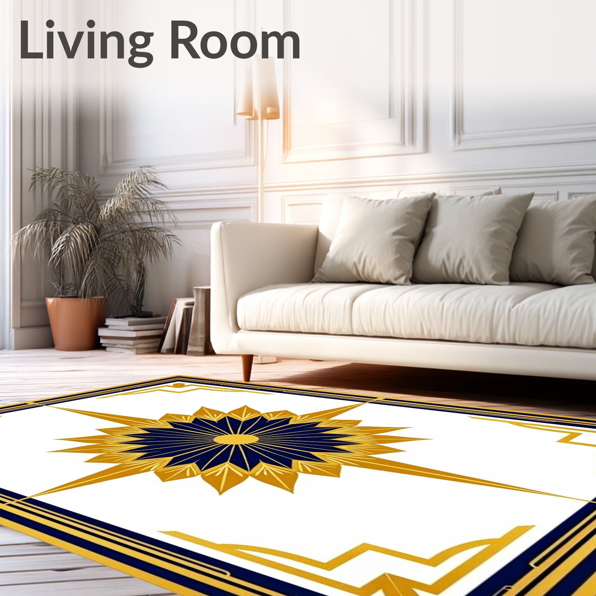 Golden Sunburst With Blue Geometric Border Rug
