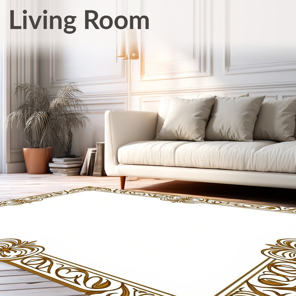 Ornate Golden Floral Scroll Border Rug