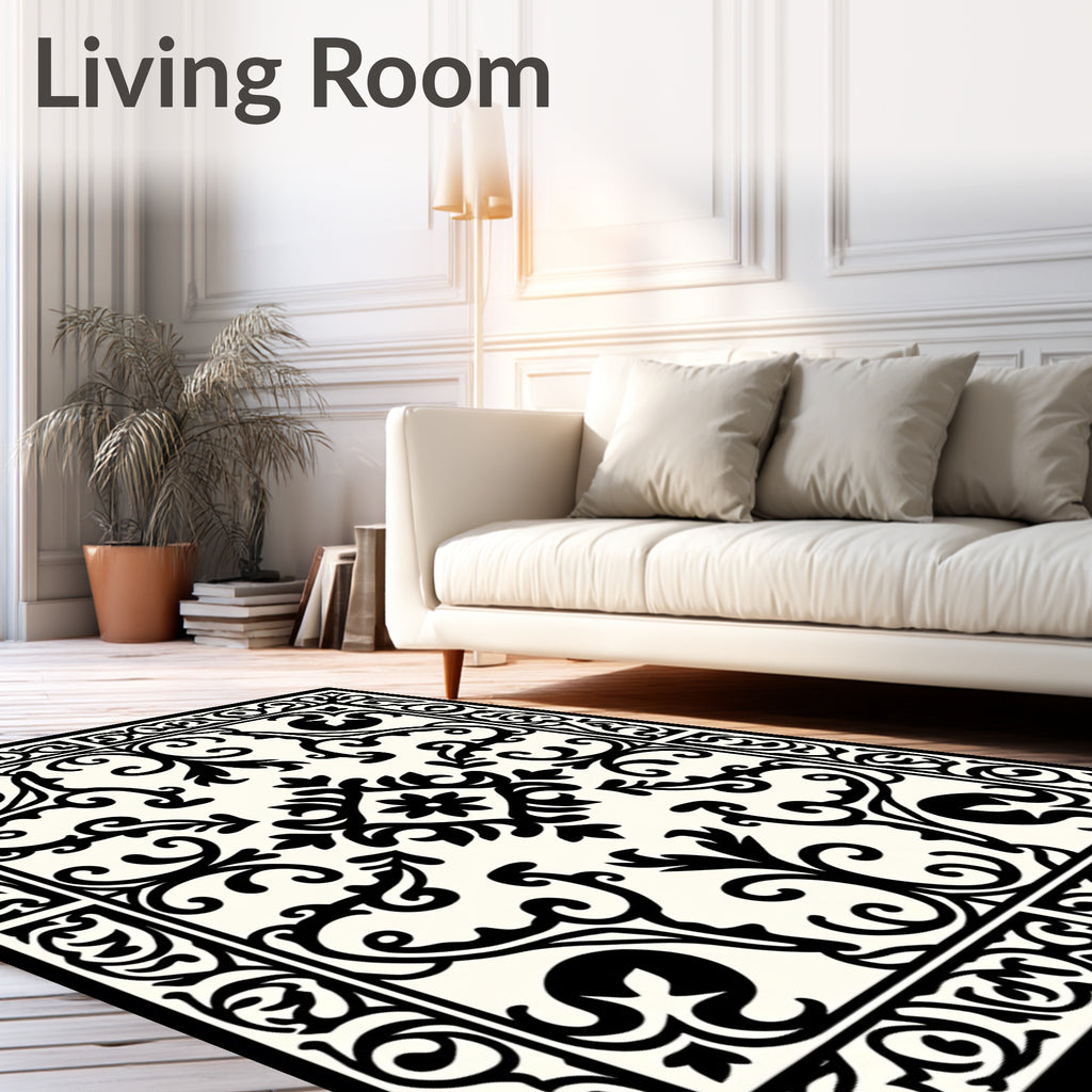 Black White Floral Damask Pattern Rug