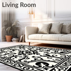 Black White Floral Damask Pattern Rug