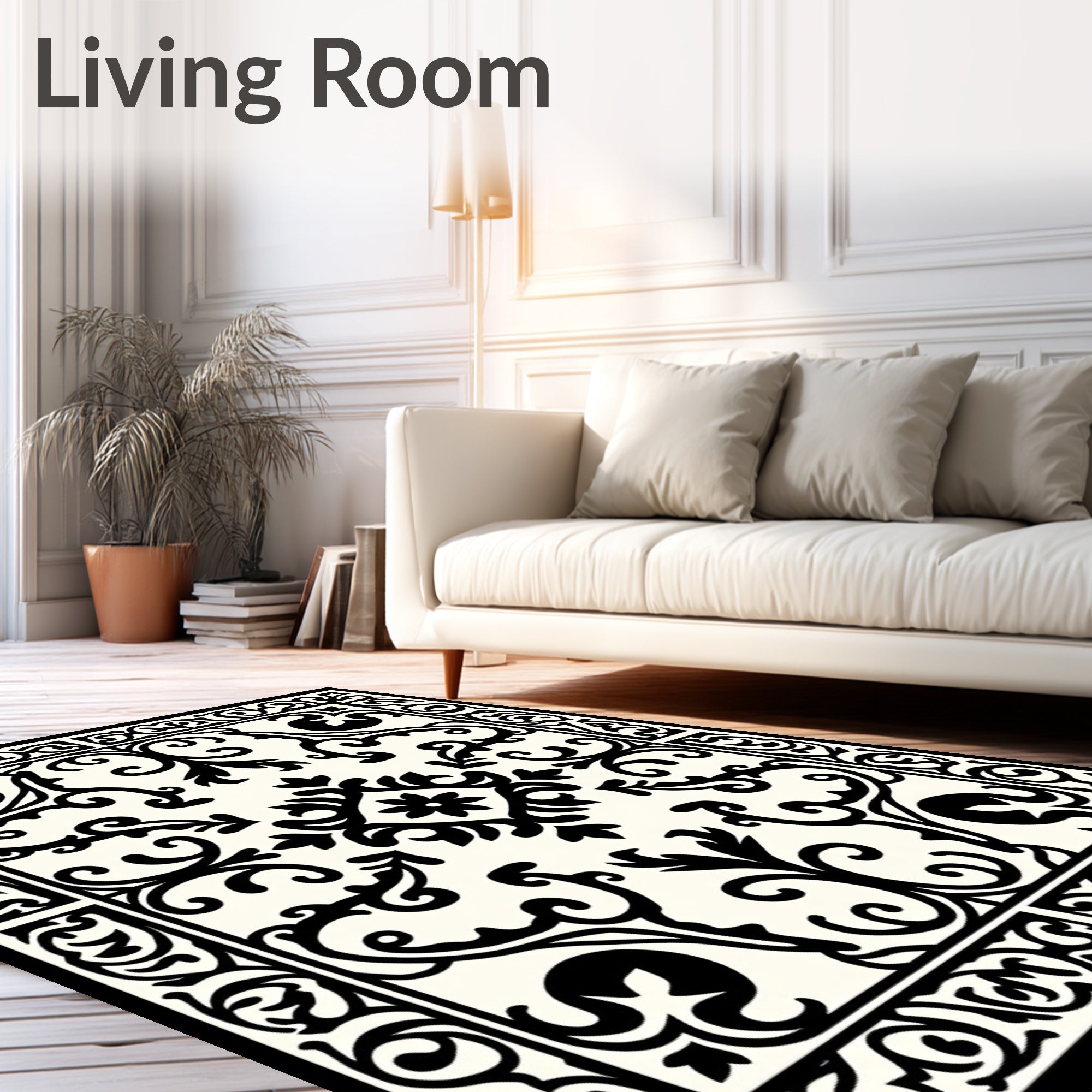 Black White Floral Damask Pattern Rug