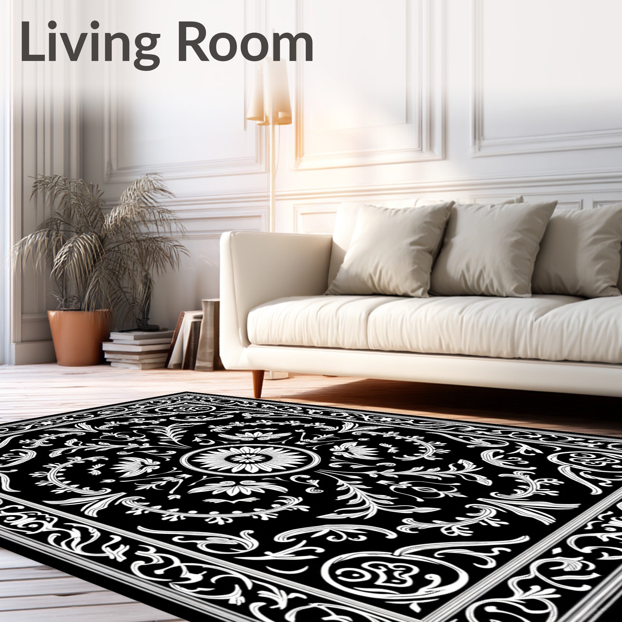 Ornate Floral Scrollwork Monochrome Rug