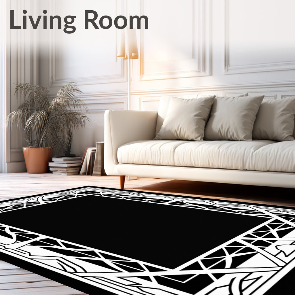 Art Deco Geometric Patterned Black White Rug