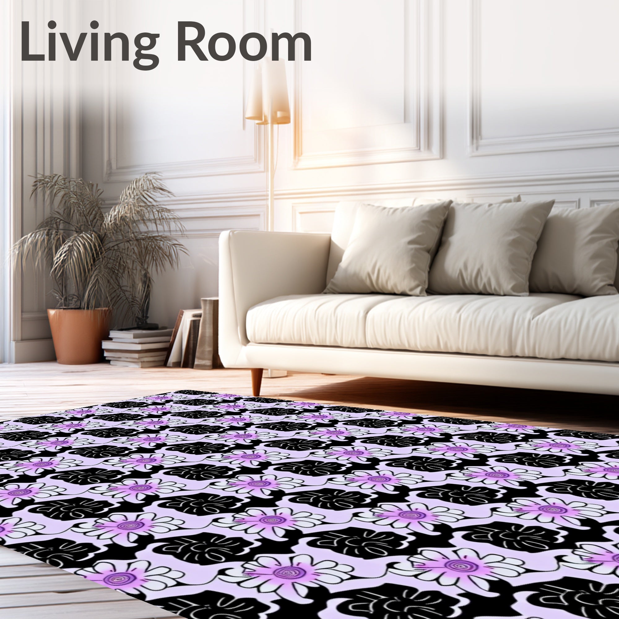 Purple Daisy Black Flower Pattern Rug