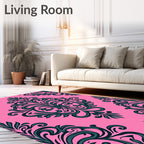 Elegant Floral Scrollwork Pink Teal Design Rug
