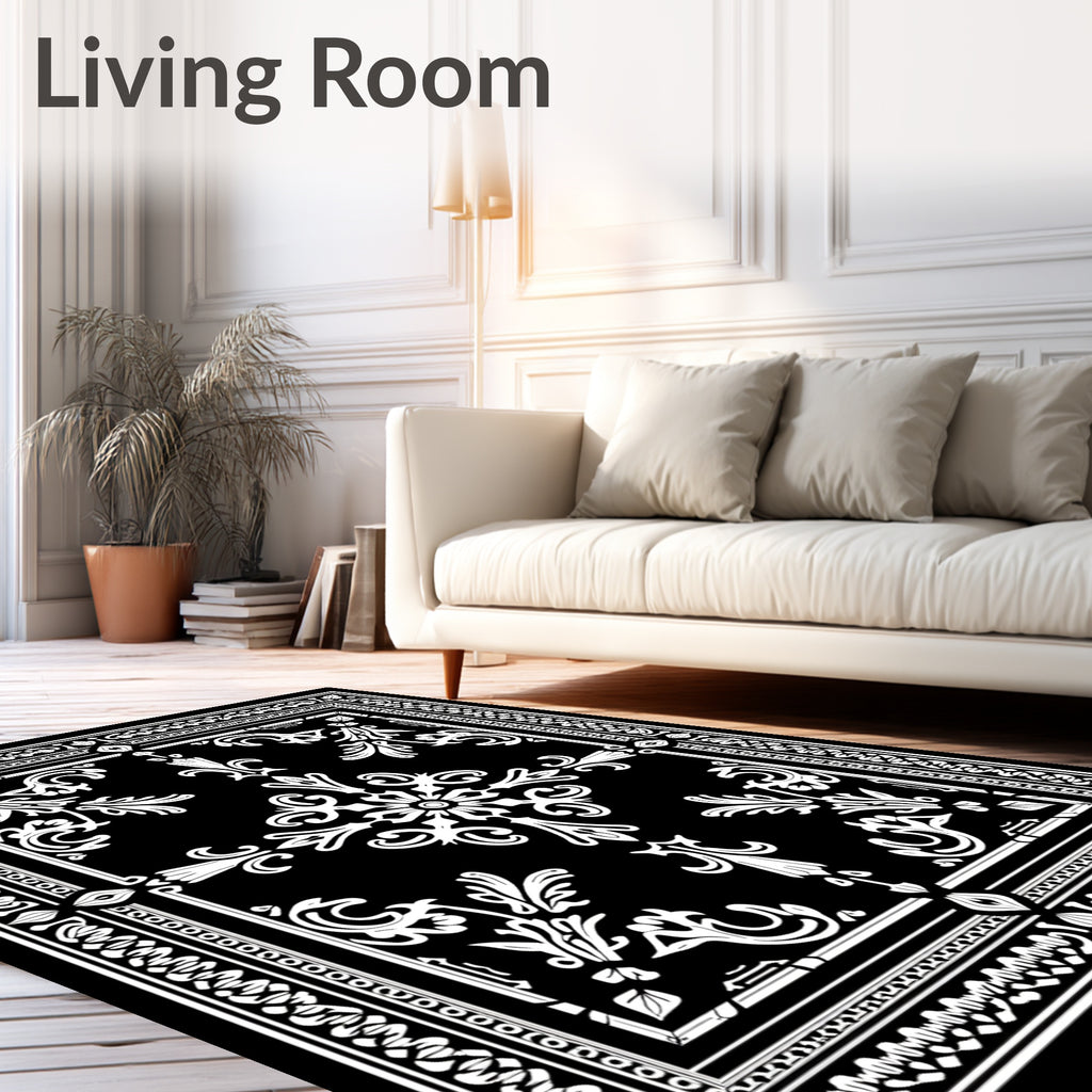 Classic Black White Floral Scroll Pattern Rug