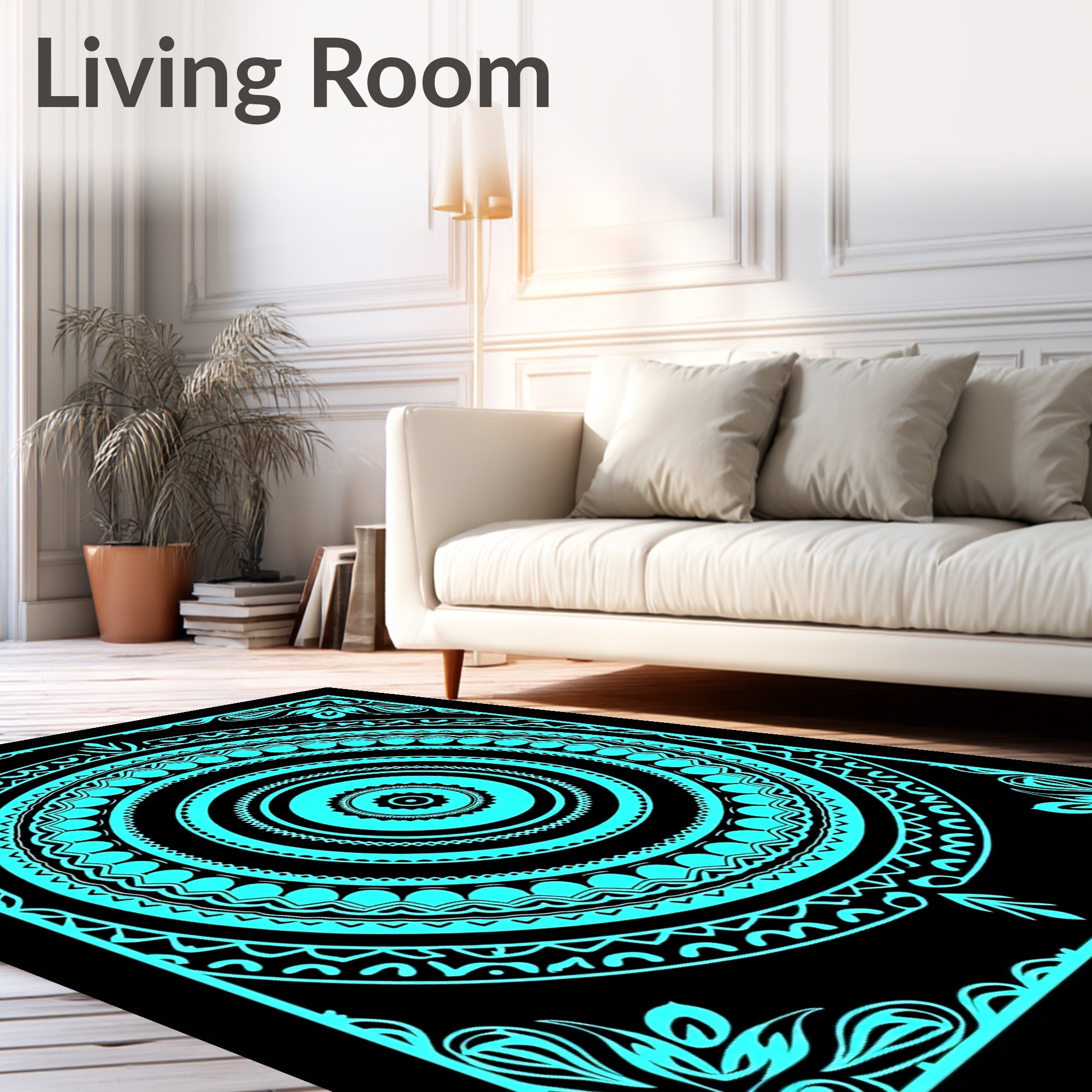 Bright Cyan Abstract Mandala Pattern Rug