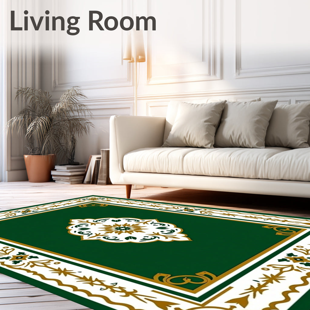 Ornate Green Gold Floral Scroll Design Rug