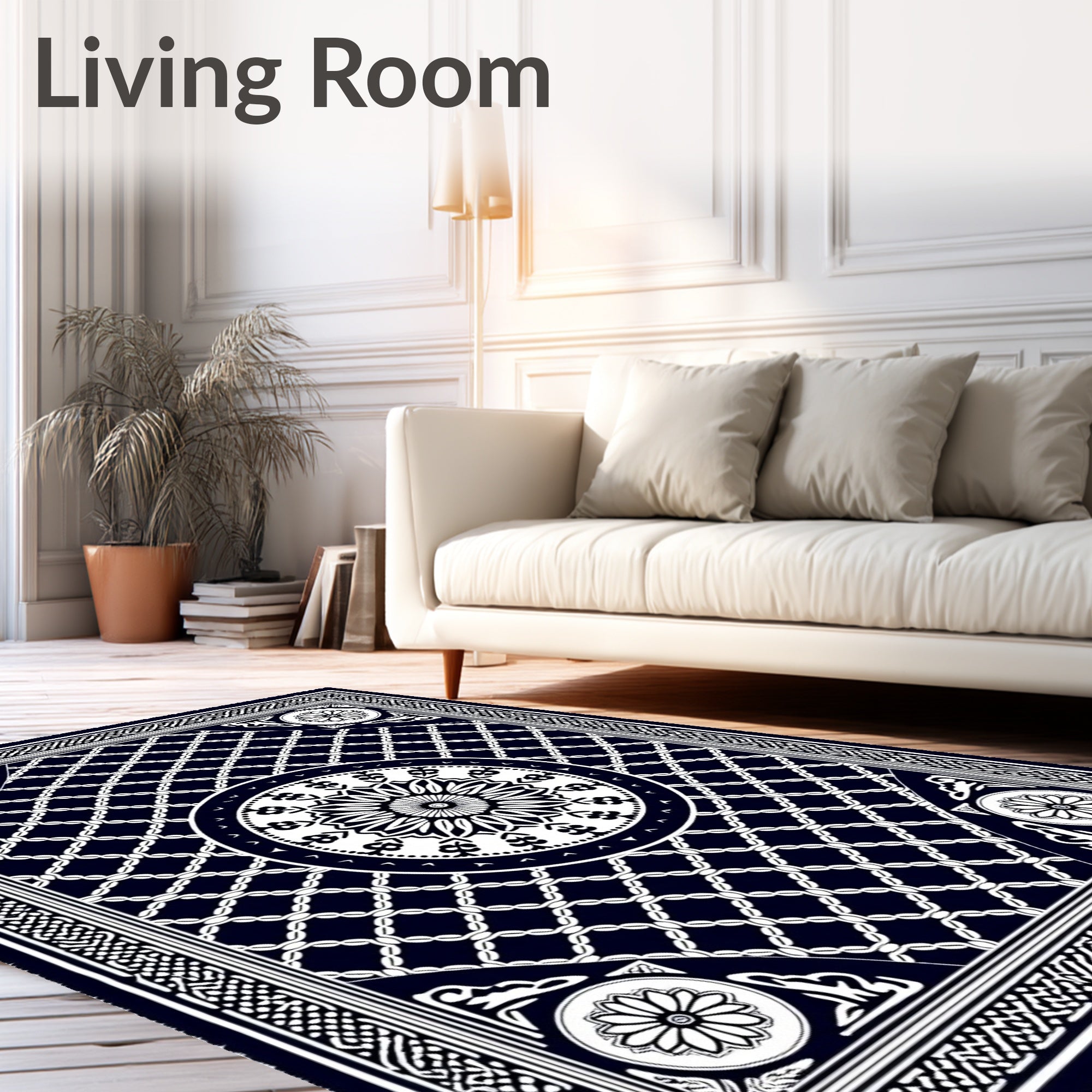 Traditional Navy White Geometric Mandala Pattern Rug