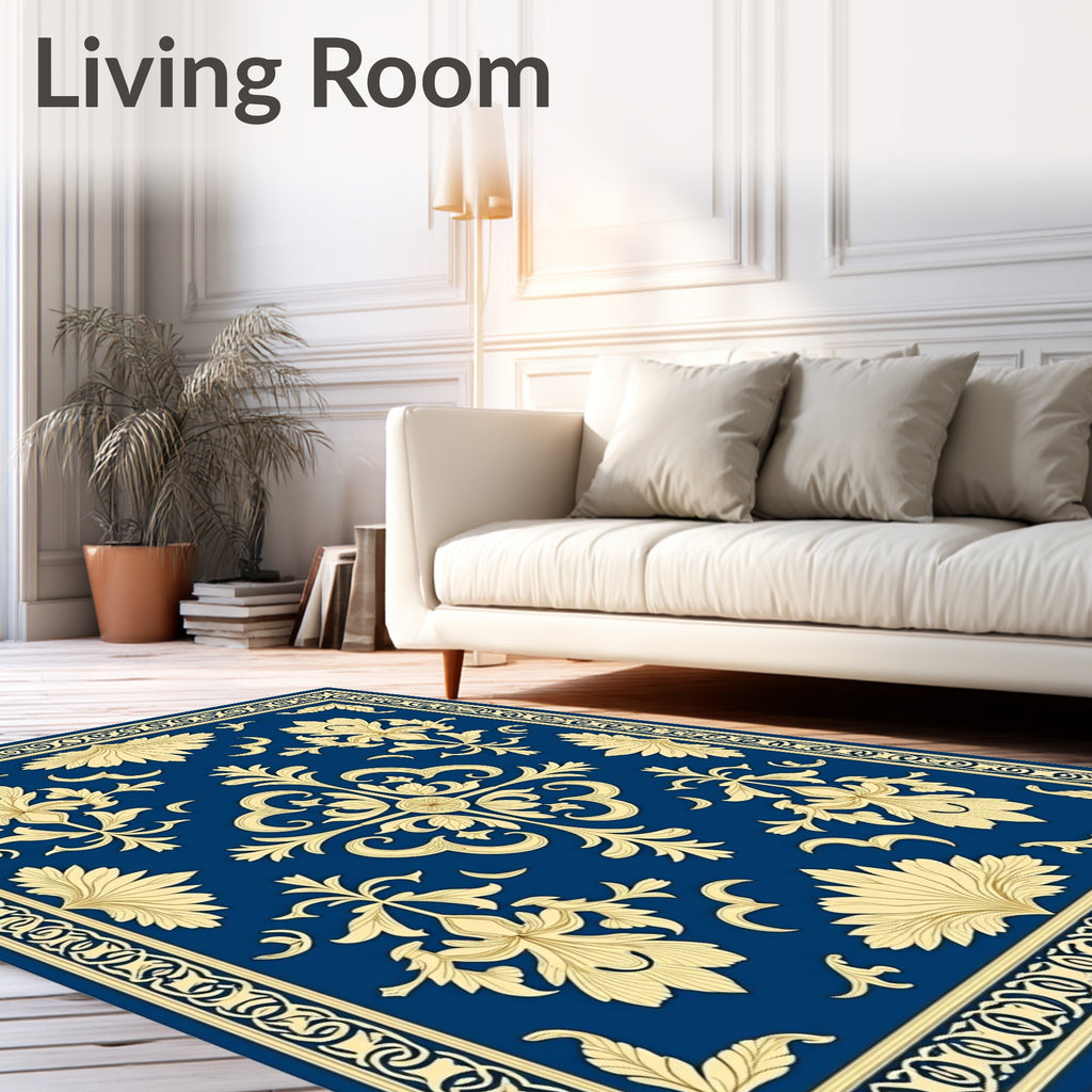 Classic Blue Gold Floral Damask Rug