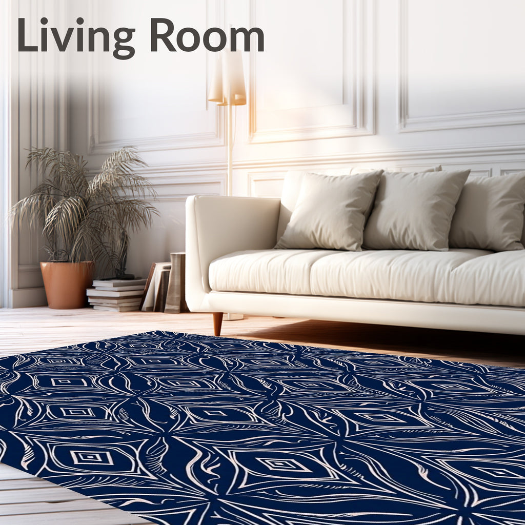 Dark Blue Stylized Floral Gem Pattern Rug