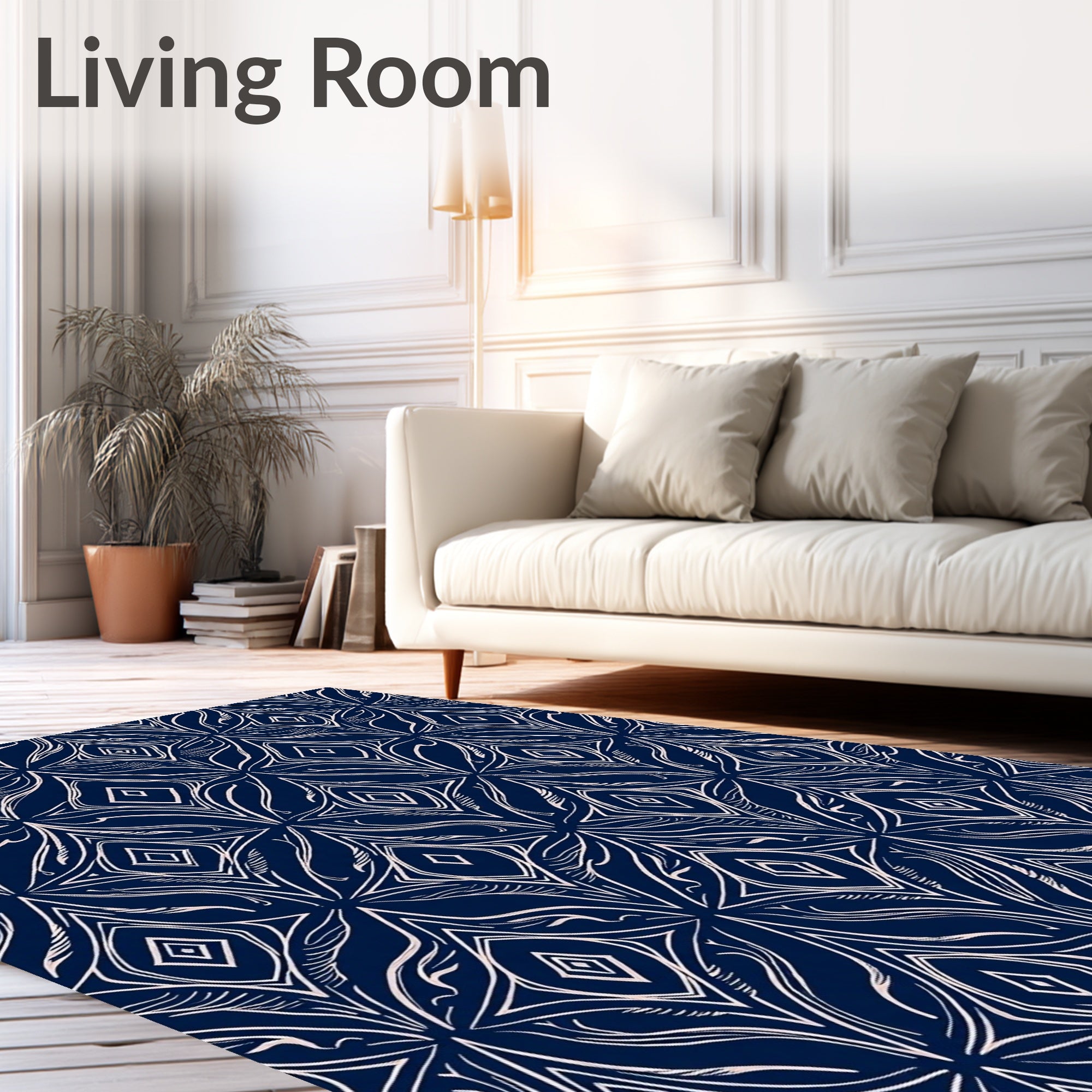 Dark Blue Stylized Floral Gem Pattern Rug