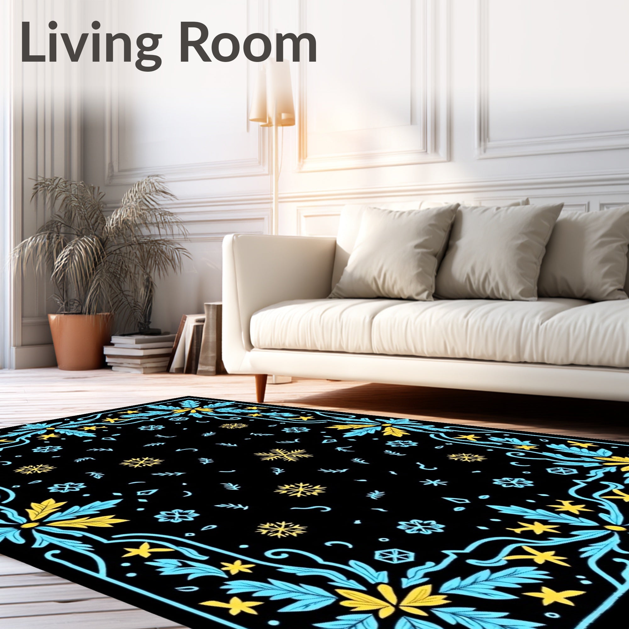 Midnight Blue Yellow Snowflake Garland Rug