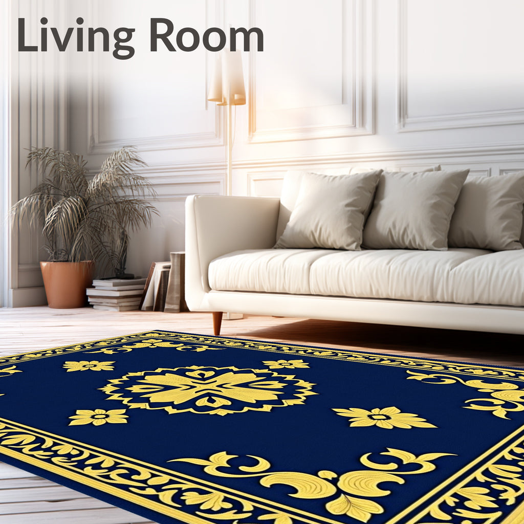 Royal Blue Gold Floral Emblem Rug