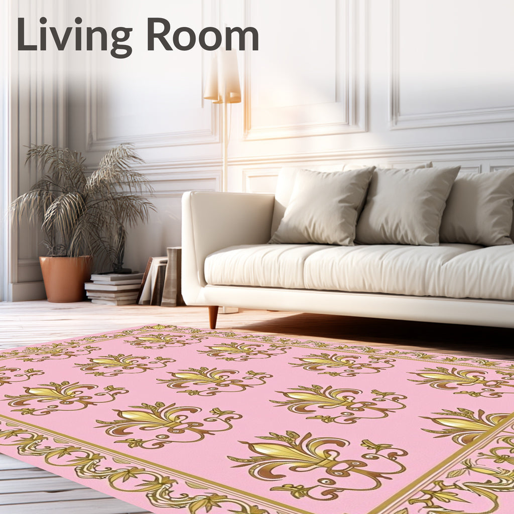 Golden Fleur De Lis Patterned Pink Rug