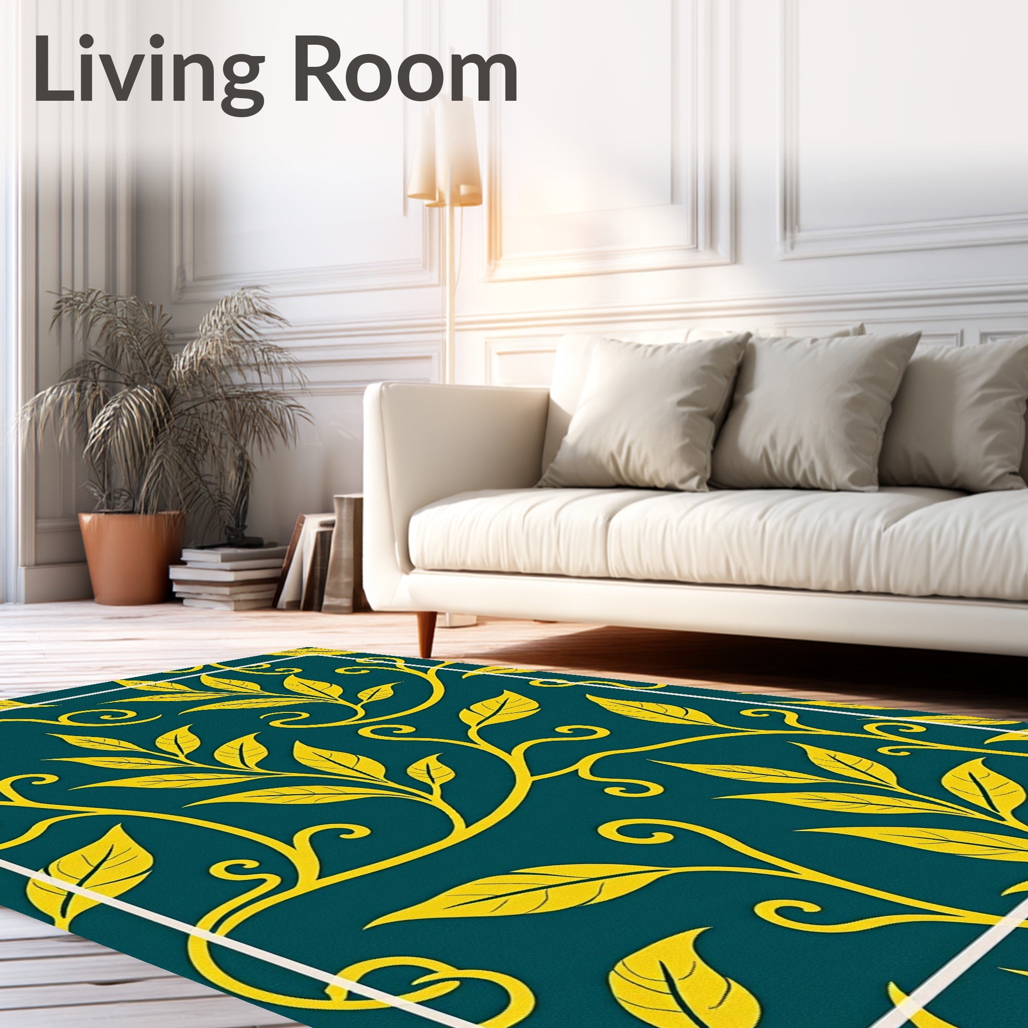 Yellow Vine Pattern On Teal Background Rug