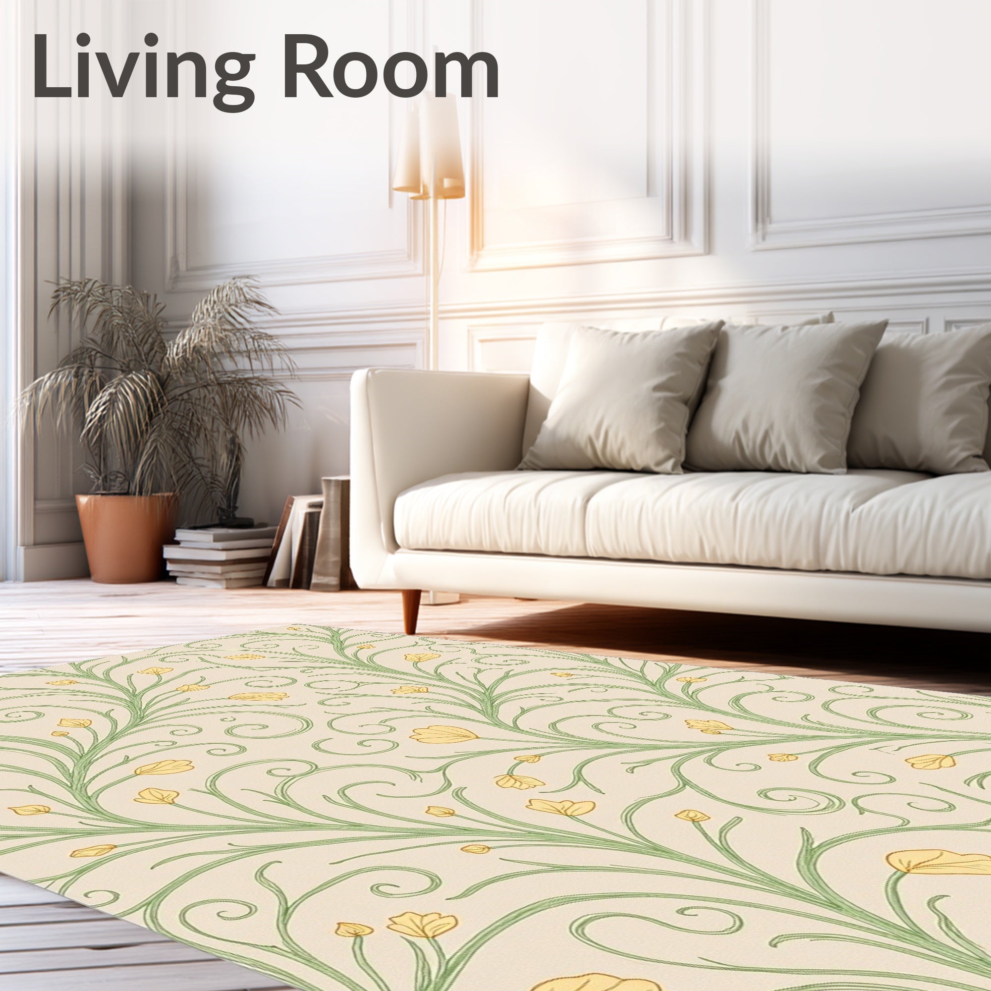 Delicate Yellow Floral Swirl Pattern Rug