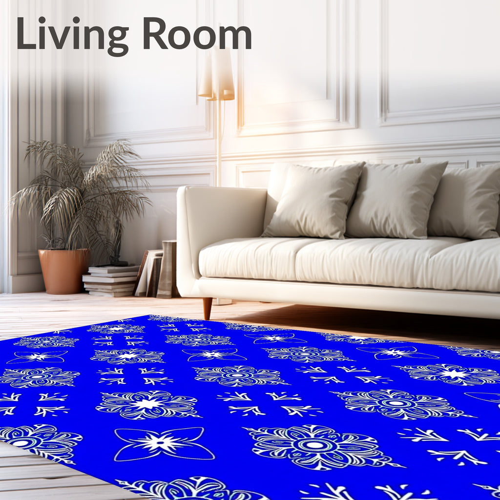 Vibrant Blue White Floral Medallion Rug