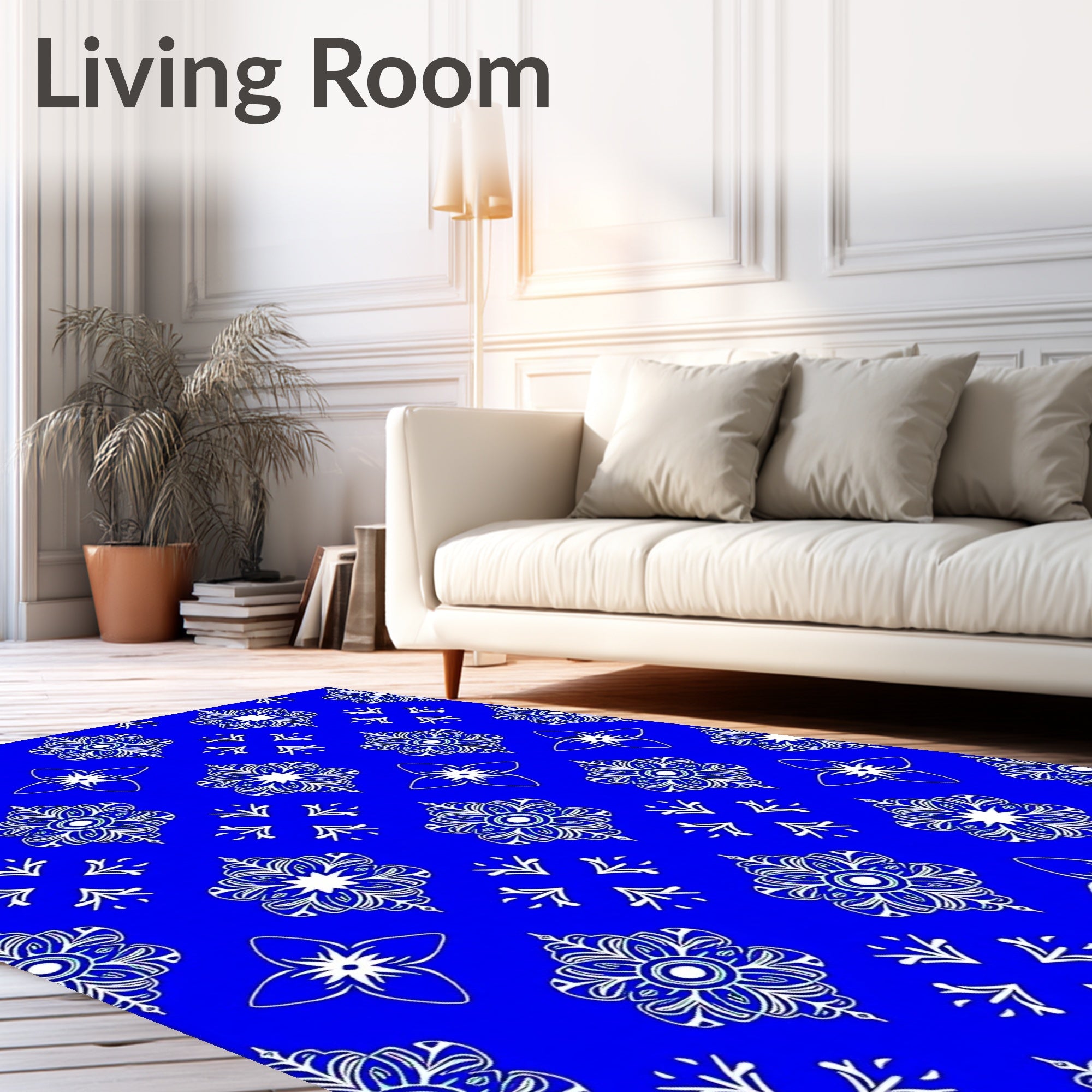 Vibrant Blue White Floral Medallion Rug
