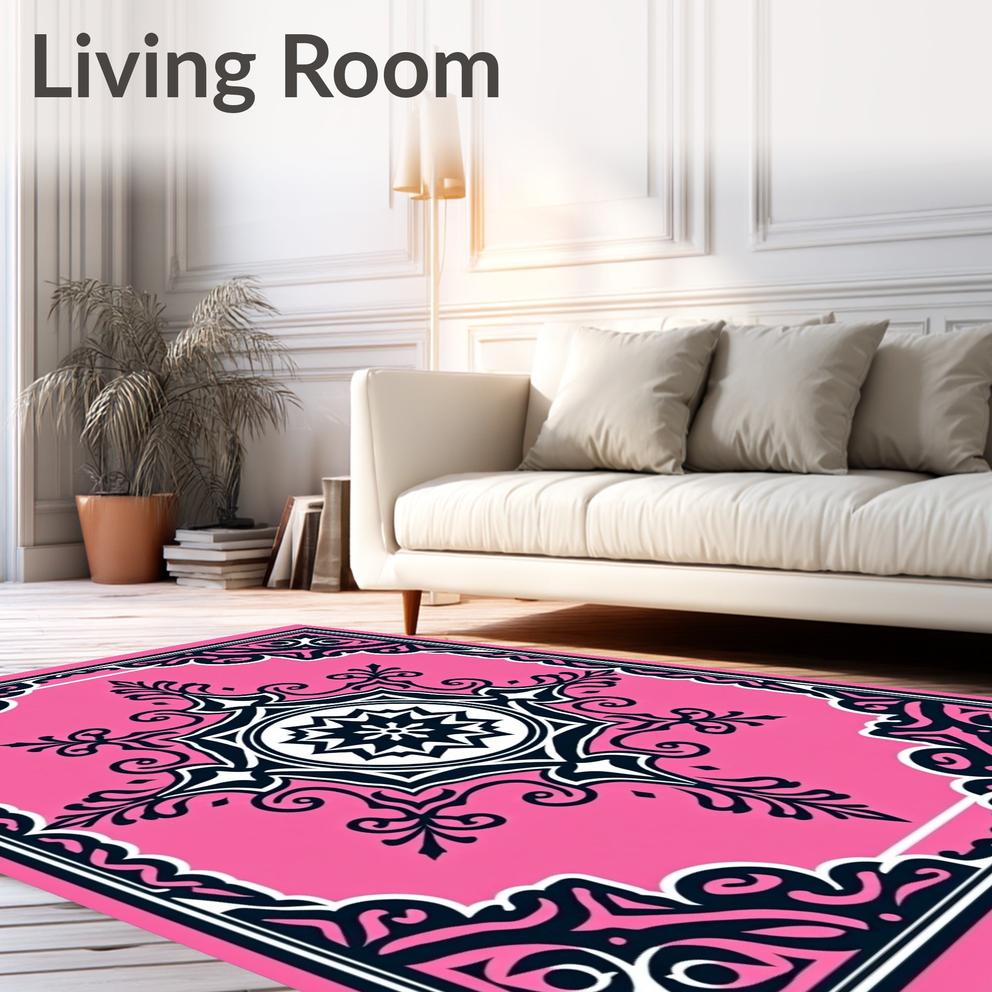 Ornate Pink Black Floral Mandala Rug