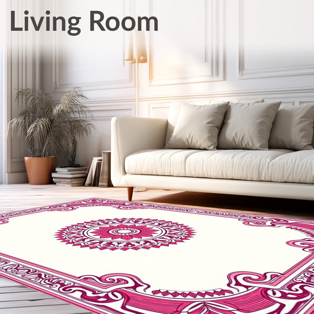 Ornate Pink Mandala Floral Border Rug