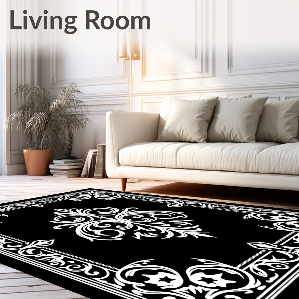 Black and White Ornate Scroll Pattern Rug
