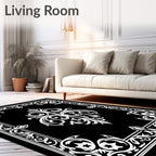 Black and White Ornate Scroll Pattern Rug