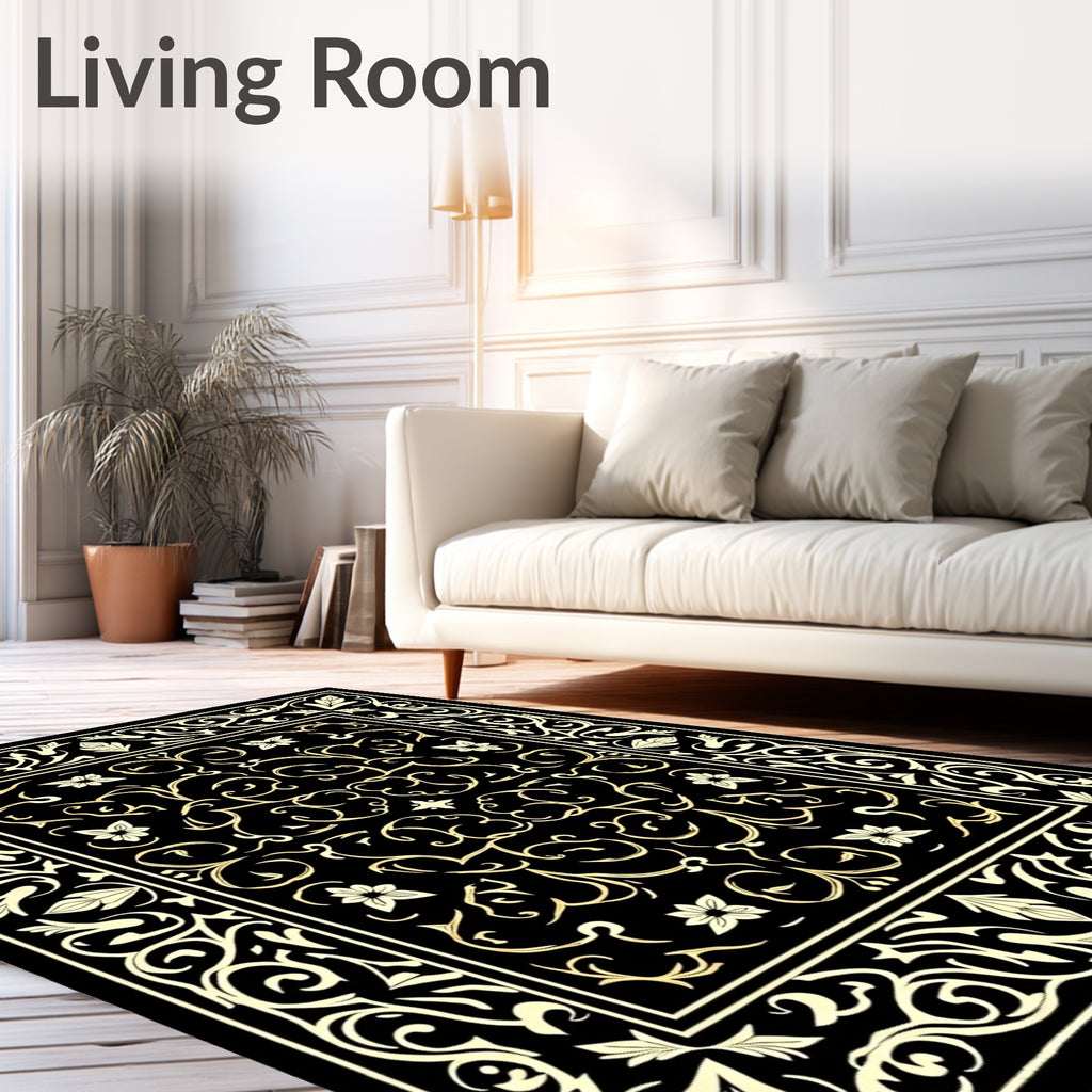 Black Cream Ornate Floral Pattern Rug