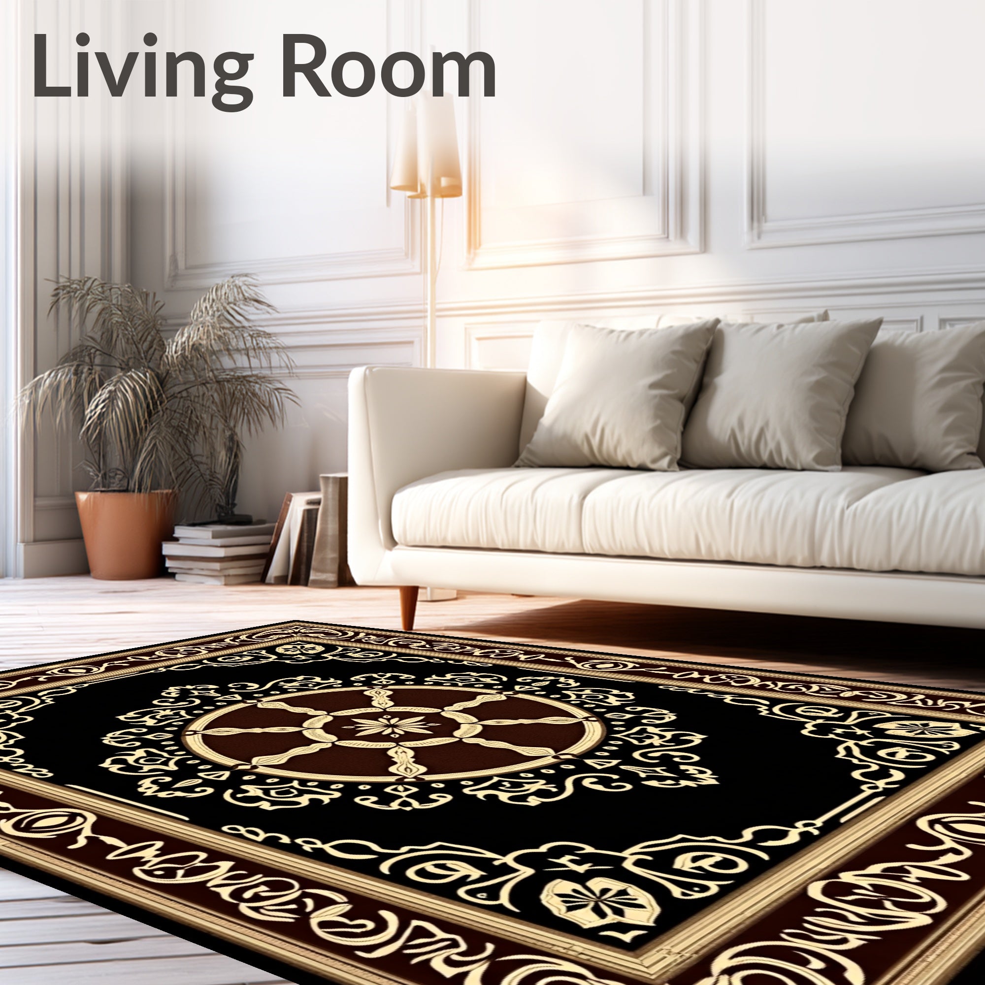 Ornate Black Gold Medallion Pattern Rug